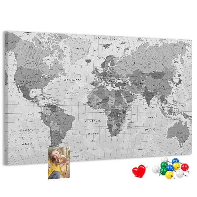 Korková nástěnka Podrobná mapa světa v odstínech šedé