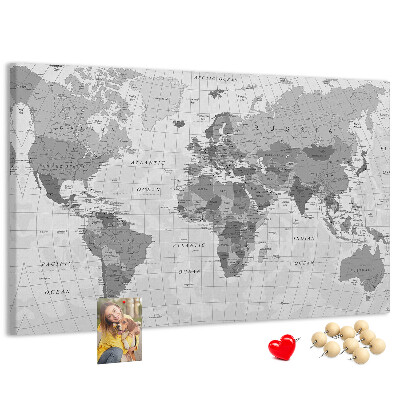 Korková nástěnka Podrobná mapa světa v odstínech šedé
