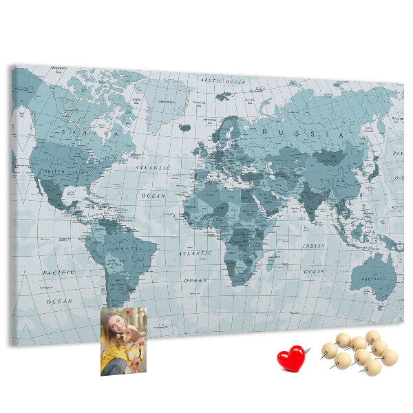 Nástěnka Mapa světa v odstínech modré.