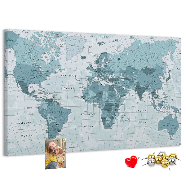 Nástěnka Mapa světa v odstínech modré.