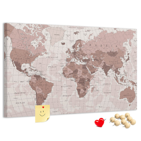 Fětská nástěnka Mapa světa v odstínech růžové.