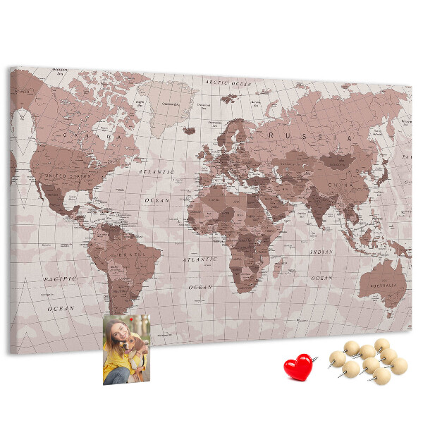 Fětská nástěnka Mapa světa v odstínech růžové.