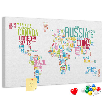 Nástěnka Mapa světa s barevnými názvy zemí