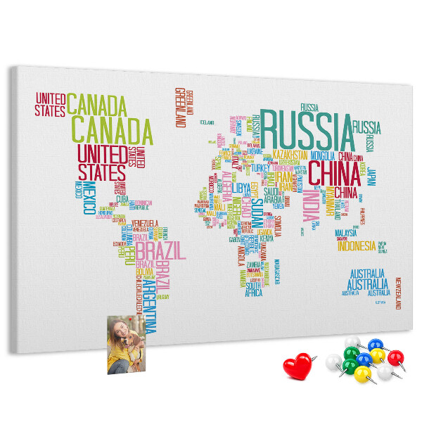 Nástěnka Mapa světa s barevnými názvy zemí