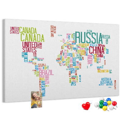 Nástěnka Mapa světa s barevnými názvy zemí