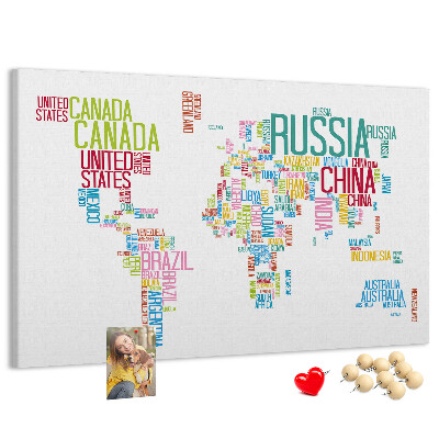 Nástěnka Mapa světa s barevnými názvy zemí