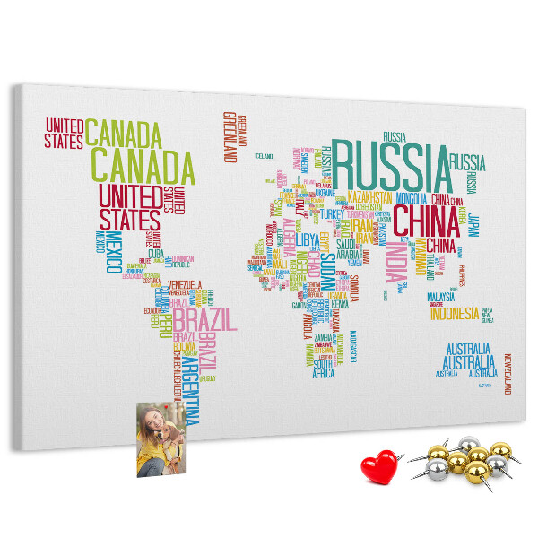 Nástěnka Mapa světa s barevnými názvy zemí