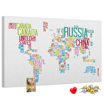 Nástěnka Mapa světa s barevnými názvy zemí