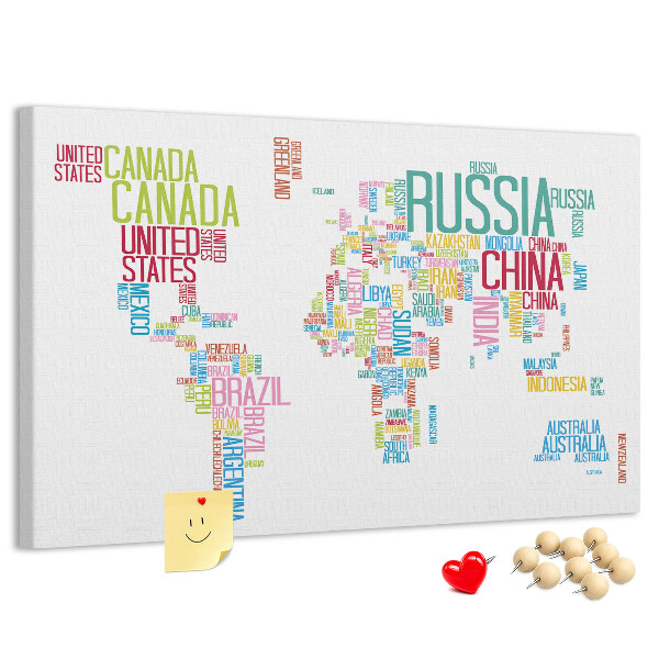 Nástěnka Mapa světa s barevnými názvy zemí