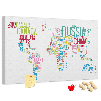 Nástěnka Mapa světa s barevnými názvy zemí