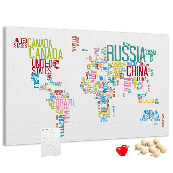 Nástěnka Mapa světa s barevnými názvy zemí