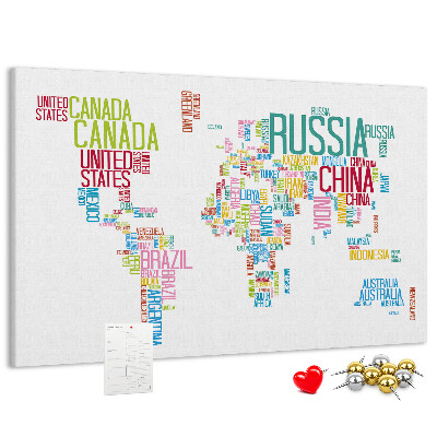 Nástěnka Mapa světa s barevnými názvy zemí