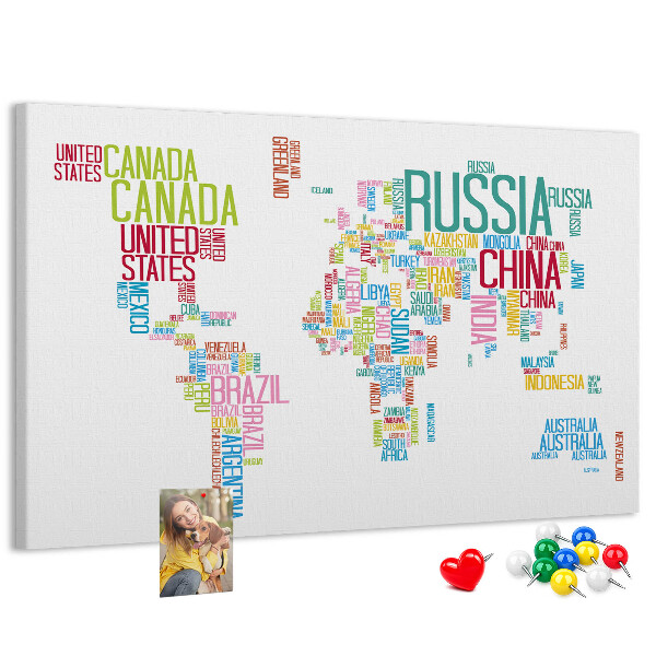 Nástěnka Mapa světa s barevnými názvy zemí