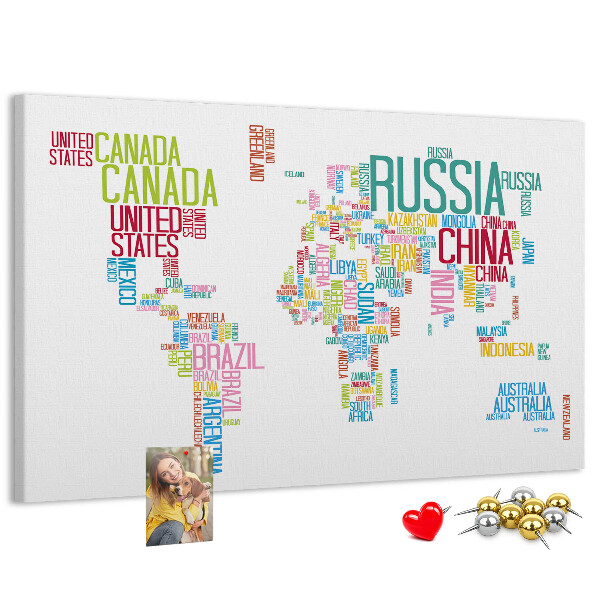 Nástěnka Mapa světa s barevnými názvy zemí