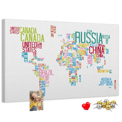 Nástěnka Mapa světa s barevnými názvy zemí