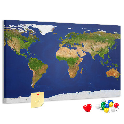 Nástěnka Mapa světa s barevnými špendlíky.