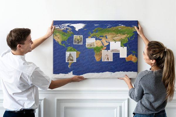 Nástěnka Mapa světa s barevnými špendlíky.