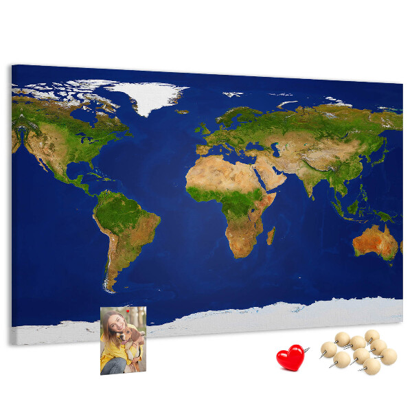 Nástěnka Mapa světa s barevnými špendlíky.
