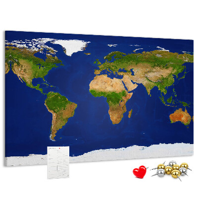Nástěnka Mapa světa s barevnými špendlíky.