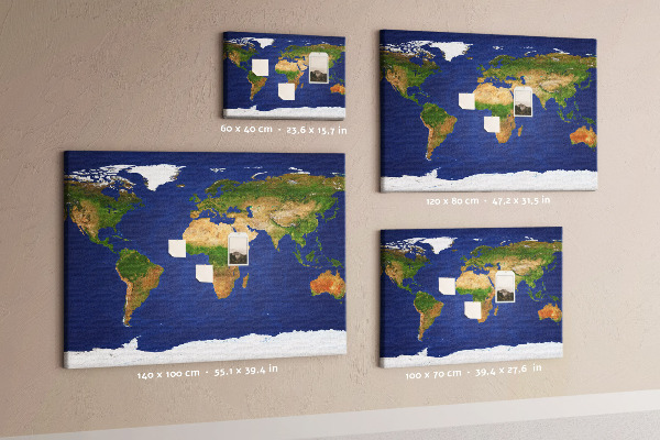 Nástěnka Mapa světa s barevnými špendlíky.