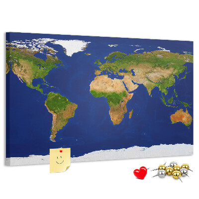Nástěnka Mapa světa s barevnými špendlíky.