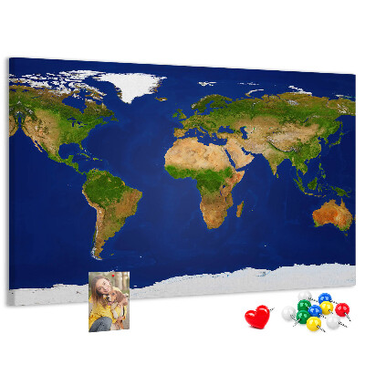 Nástěnka Mapa světa s barevnými špendlíky.
