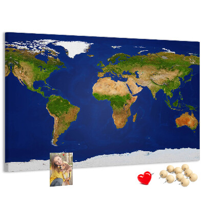 Nástěnka Mapa světa s barevnými špendlíky.