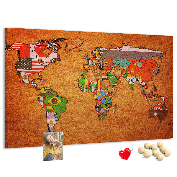 Korková nástěnka Mapa světa s vlajkami zemí