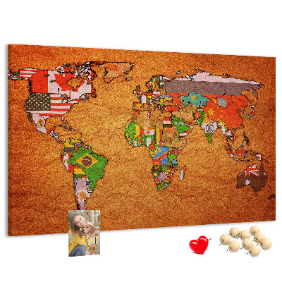 Korková nástěnka Mapa světa s vlajkami zemí