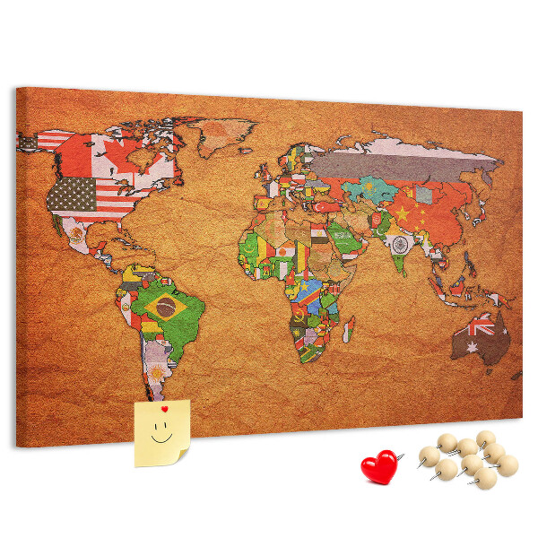 Korková nástěnka Mapa světa s vlajkami zemí