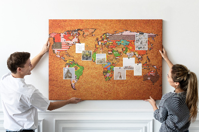 Korková nástěnka Mapa světa s vlajkami zemí