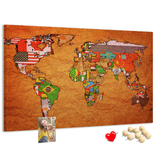 Korková nástěnka Mapa světa s vlajkami zemí