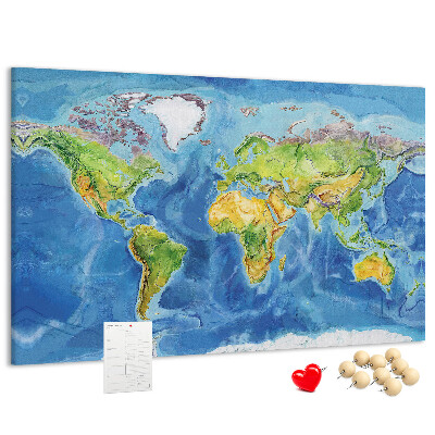 Korková nástěnka Mapa světa v pastelových barvách.
