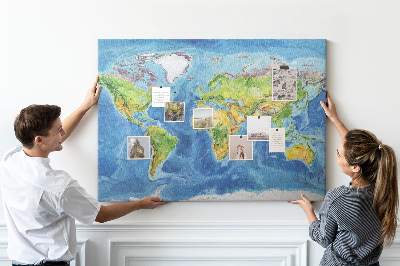 Korková nástěnka Mapa světa v pastelových barvách.