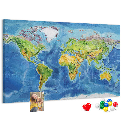 Korková nástěnka Mapa světa v pastelových barvách.