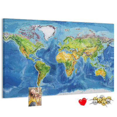 Korková nástěnka Mapa světa v pastelových barvách.
