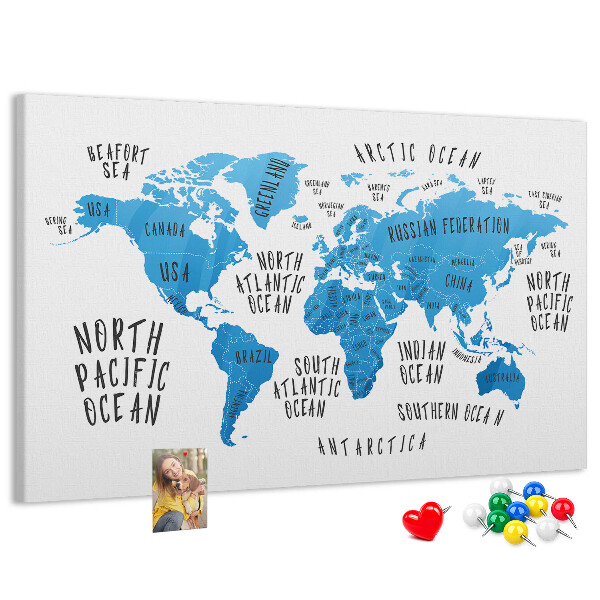 Nástěnka Mapa světa s názvy oceánů a zemí