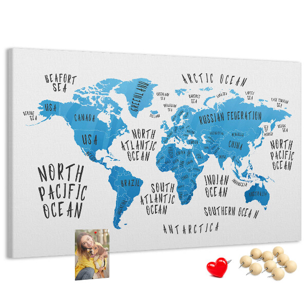Nástěnka Mapa světa s názvy oceánů a zemí