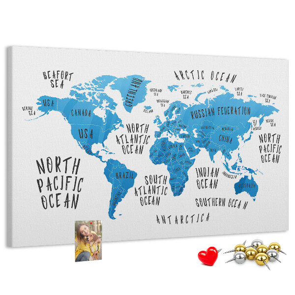 Nástěnka Mapa světa s názvy oceánů a zemí