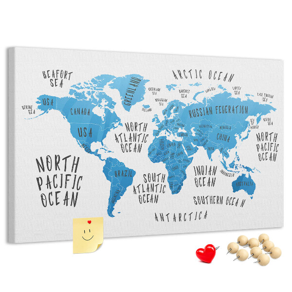 Nástěnka Mapa světa s názvy oceánů a zemí