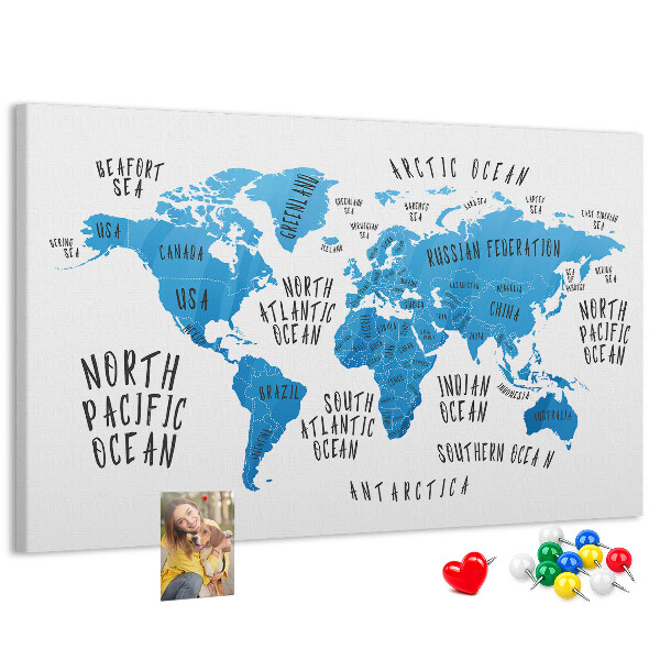 Nástěnka Mapa světa s názvy oceánů a zemí
