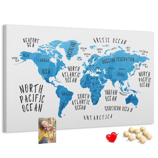 Nástěnka Mapa světa s názvy oceánů a zemí