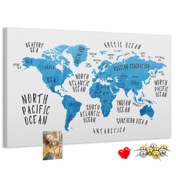 Nástěnka Mapa světa s názvy oceánů a zemí