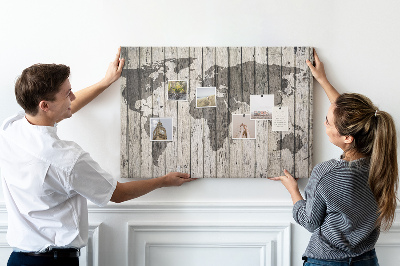Korková nástěnka Mapa světa na pozadí dřevěných desek