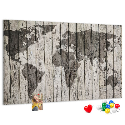 Korková nástěnka Mapa světa na pozadí dřevěných desek