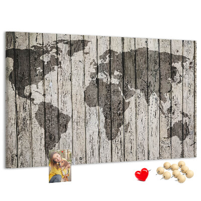 Korková nástěnka Mapa světa na pozadí dřevěných desek