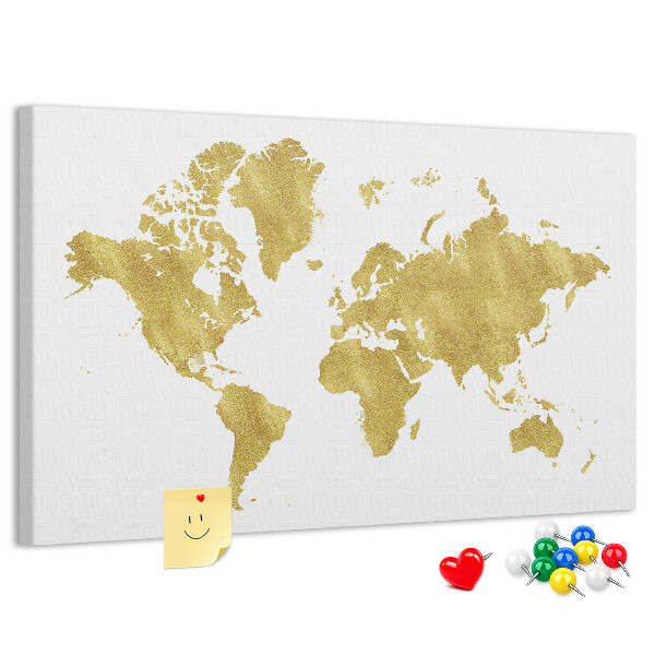 Korková nástěnka Zlatá mapa světa na bílém pozadí