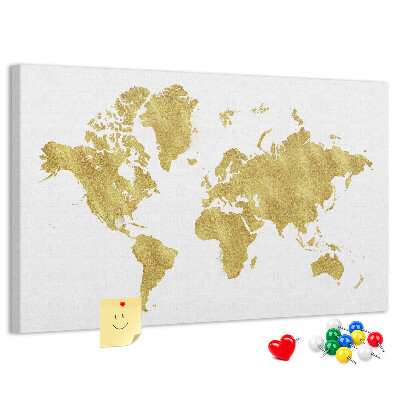 Korková nástěnka Zlatá mapa světa na bílém pozadí