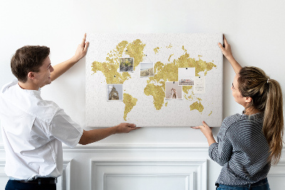 Korková nástěnka Zlatá mapa světa na bílém pozadí