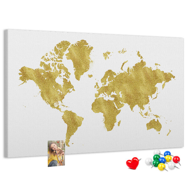 Korková nástěnka Zlatá mapa světa na bílém pozadí